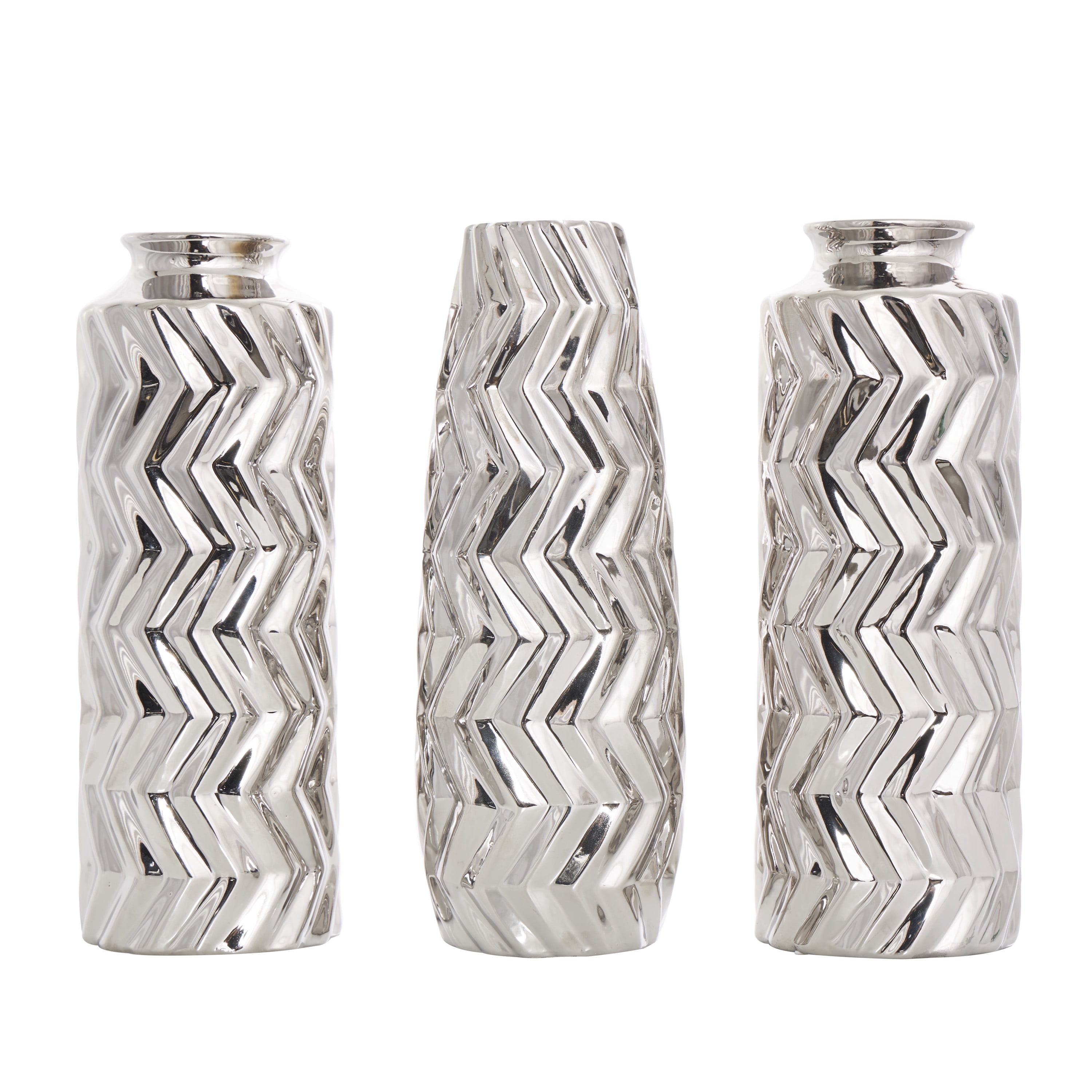 DecMode 4"W, 11"H Dimensional Chevron Textured Silver Ceramic Vase with Varying Shapes, Set of 3