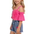 thumbnail image 5 of Girls 2Pcs Skirts Sets Outfits Summer Off Shoulder Crewneck Tops and Denim Vintage Skirts Versatile Cute Bow Print Tops School Outfits Casual Children Clothes Age 2-8 Years Pink 6-7Years, 5 of 7