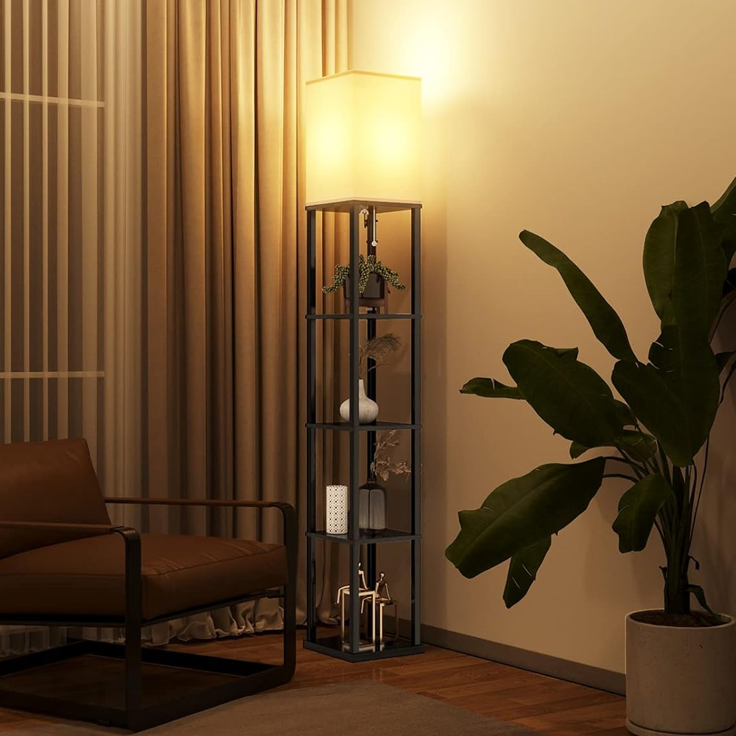 Foukus 63" Floor Lamp with 3-Tier Shelves, Black photo 5