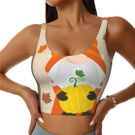 Adobk Hello Fall Gnomes 1 Print Sports Bras for Women Longline Workout Crop Tank Tops Padded with Built in Shelf Padded Sports Bra-Medium