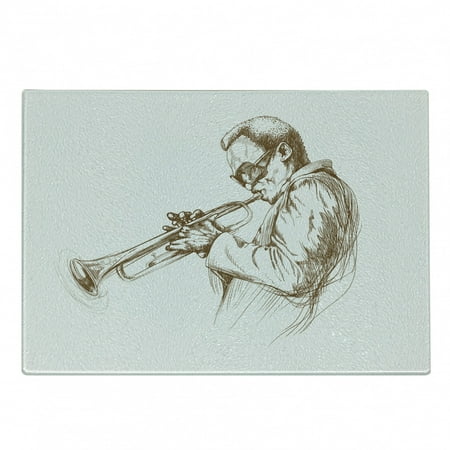 

Music Cutting Board Jazz Man Playing Trumpet with a Pose Sketch Image Solo Show Art Print Decorative Tempered Glass Cutting and Serving Board Small Size Green Brown White by Ambesonne