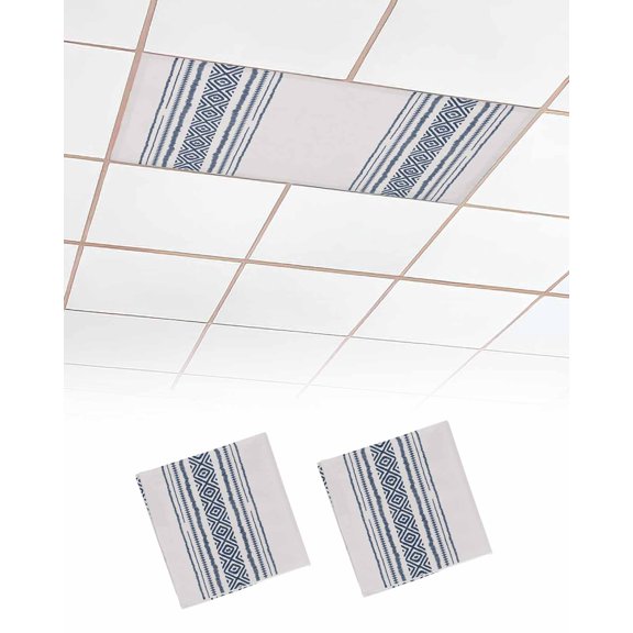 Fluorescent Light Covers for Ceiling Lights 2 Pack, Blue Geometric Magnetic Ceiling Light Covers 2x4 Feet for Classroom Office School, Modern Abstract Striped Boho Overhead Drop Ceiling Light Shade