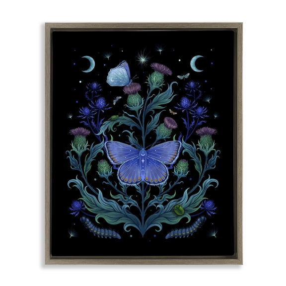 Stupell Industries Thistles & Insects at Night Brown Framed Floater Canvas Wall Art, design by Episodic Drawings