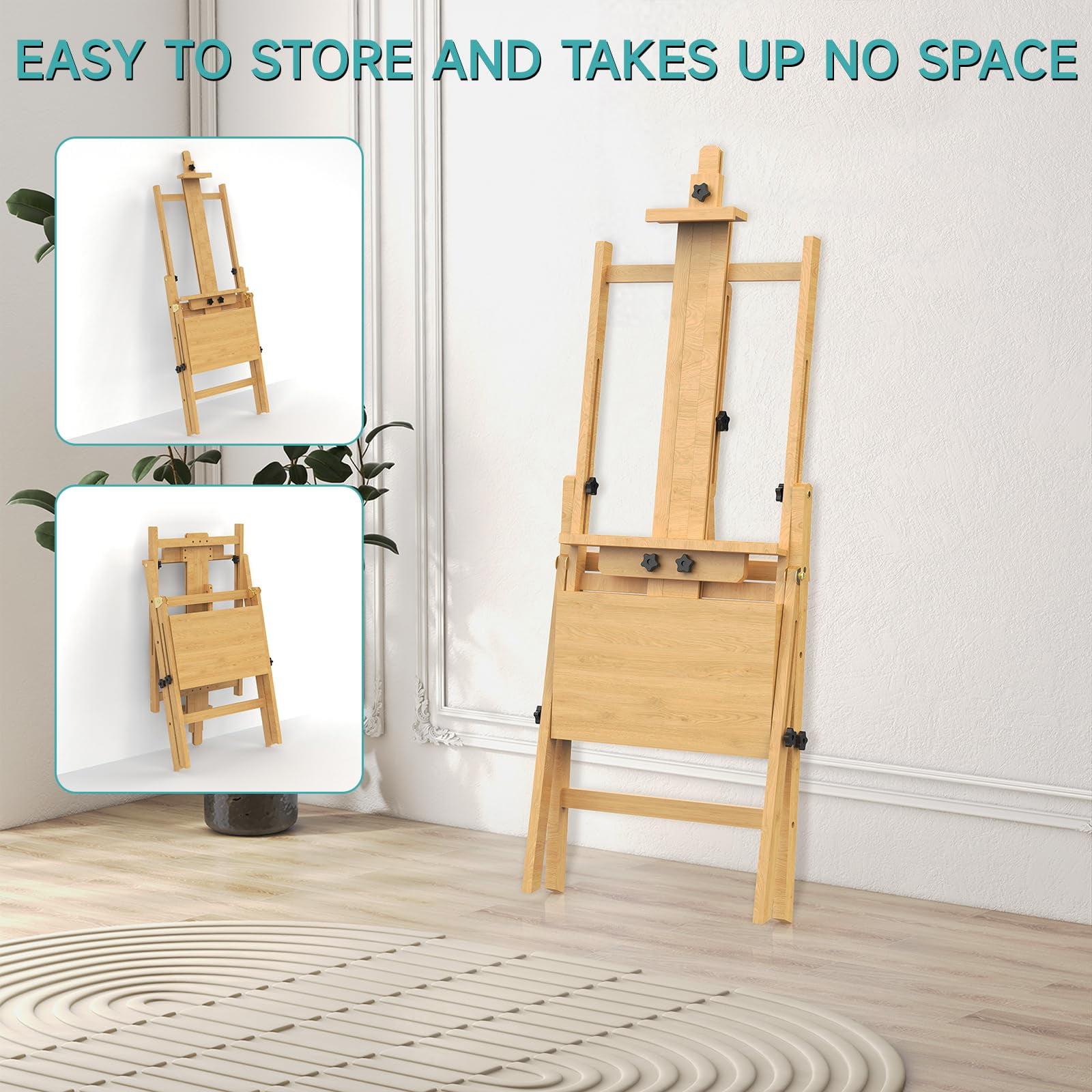Large Solid Beech Wood Easel for Painting with Storage Drawer and Palette,  Foldable Art Easel with Signature Box for Adults, Holder up to 48''