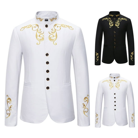 Brnmxoke Mens Embroidered Suit Blazer Jackets Stand Collar Business Sport Coats Business Casual Men Tux Jacket Wedding Blazers White,L