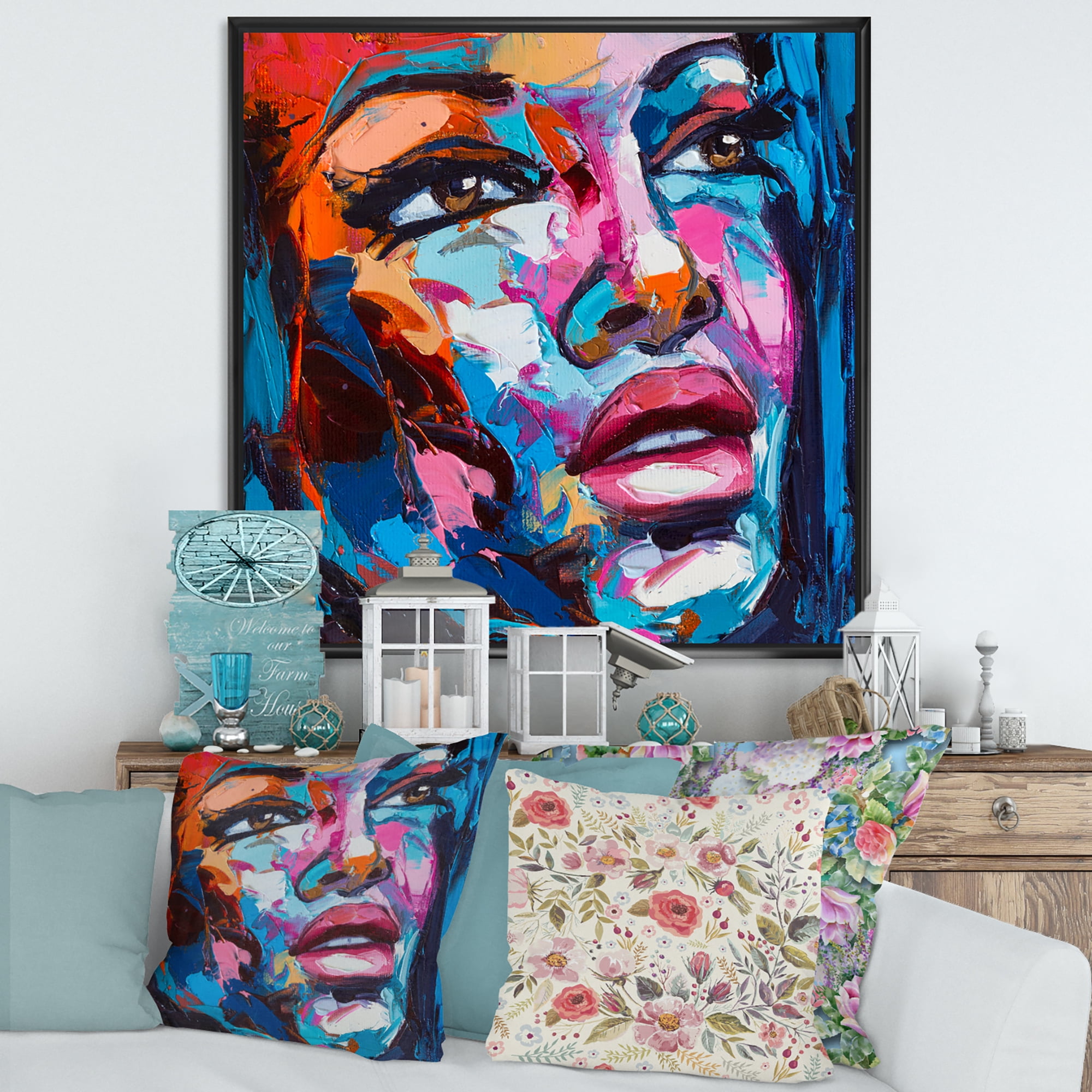 Designart 'Abstract Colorful Fantasy Portrait Of A Young Woman III' Modern Framed Canvas Wall Art Print