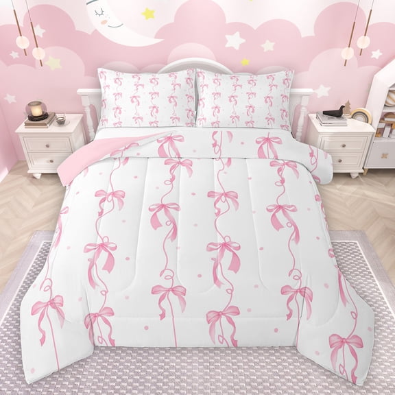 jejeloiu Kawaii Bow Tie Bedding Comforter Set,Geomatric Polka Dots Twin Comforter Sets,Pink Cute Bowknot Bedding Set For Girls Boys,Luxury Bedroom Decor Reversible,2pcs
