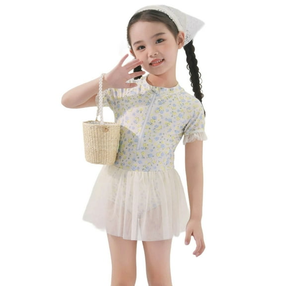 MEZZALL Girls Swimwear Floral Print Polyester Swim Dress For Toddler Kids Summer Beach Pool Party Water Play Relaxed Fit Clothing