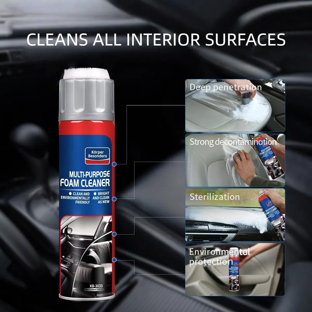 Glodway Leather Cleaner Foam Spray Car Interior Care,Odor Eliminator with Brush,21.98 oz