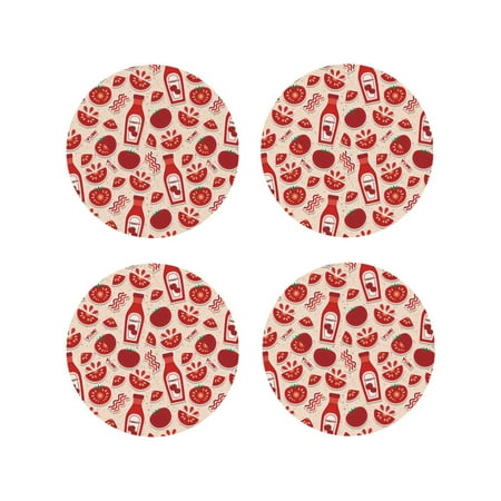 

Leather Coasters Set of 4 - Cute Tomato Ketchup Lightweight Non-Slip Drink Coasters for Desk Anti-Scalding Desk Cup Coasters for Office Table Decor Round Shape