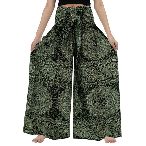 QunButy Pants For Women Casual Loose Pants For Women Plus Size Vintage  Print Boho Harem Yoga Stretchy Wide Pants Fold Over High Waist Wide Leg Lounge  Pants With Pockets 