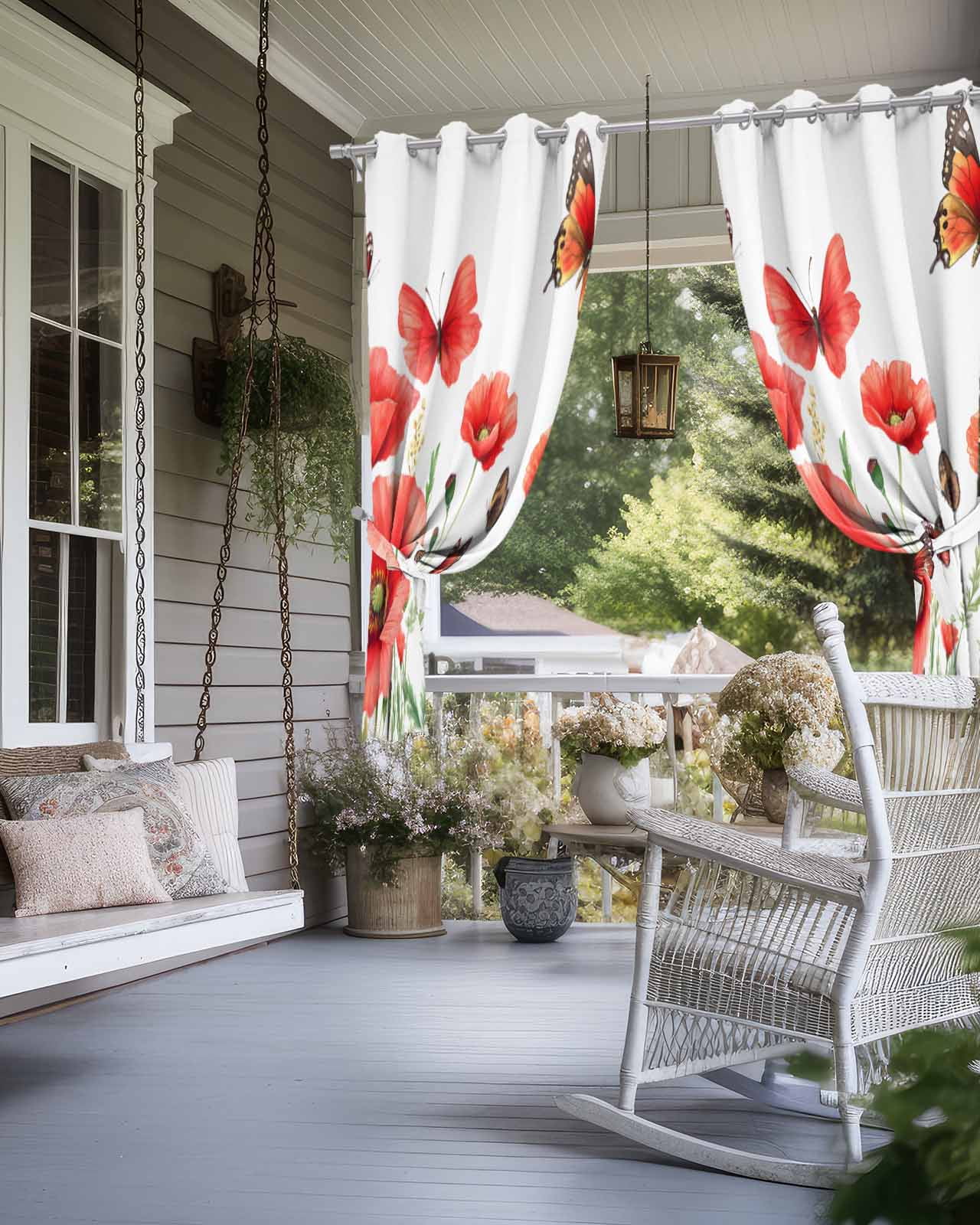 Red Flower Outdoor Curtains for Patio, Spring Butterfly Waterproof Weatherproof Outside Privacy Curtains Outdoor Drapes for Porch Pergola Gazebo 54x84 Inch, 2 Panel