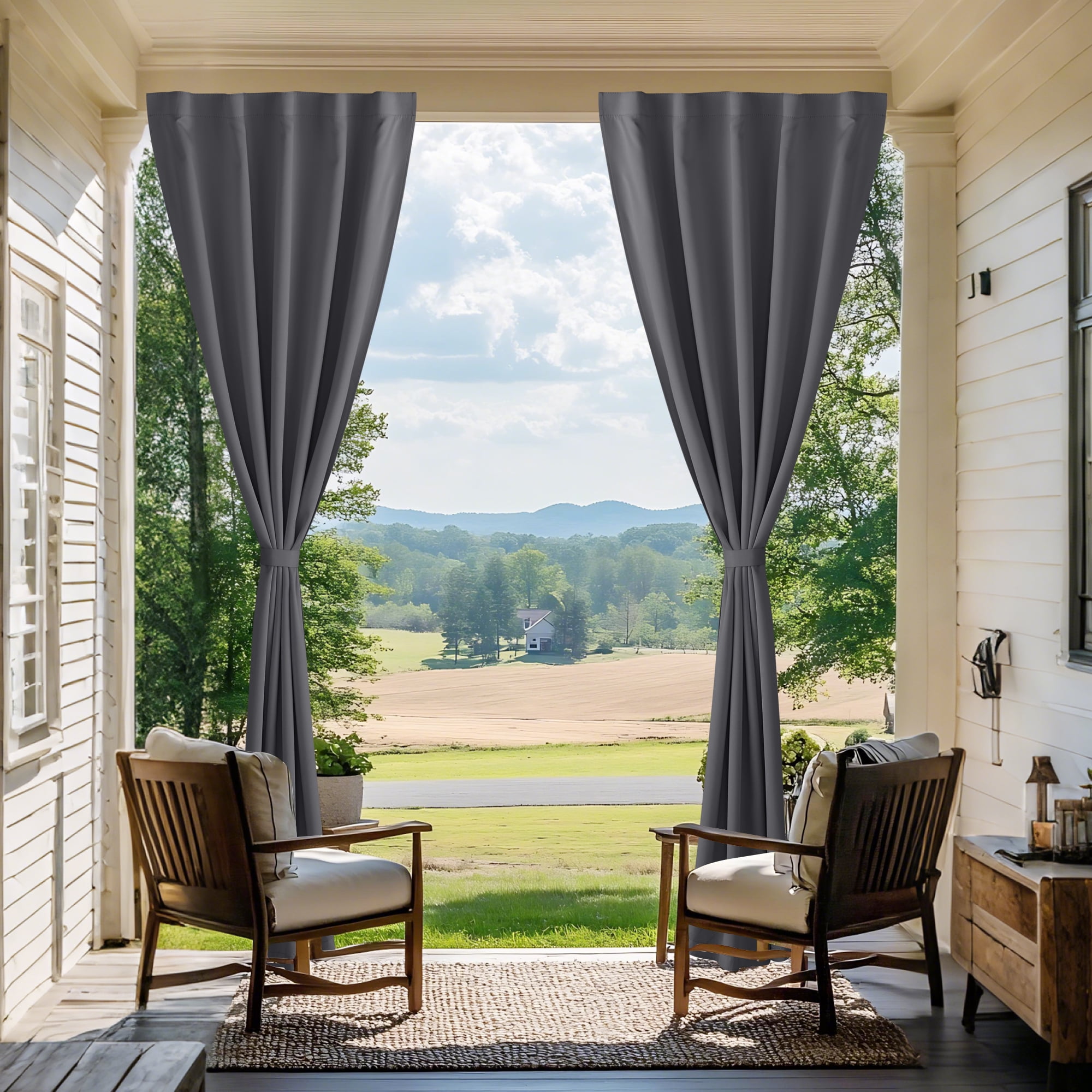 NICETOWN 2 Panels Outdoor Curtain for Patio Waterproof, Sticky Top & Backtab Bottom with Free Rope Privacy Protective Drapes for Gazebo, Gray, W52 x L84