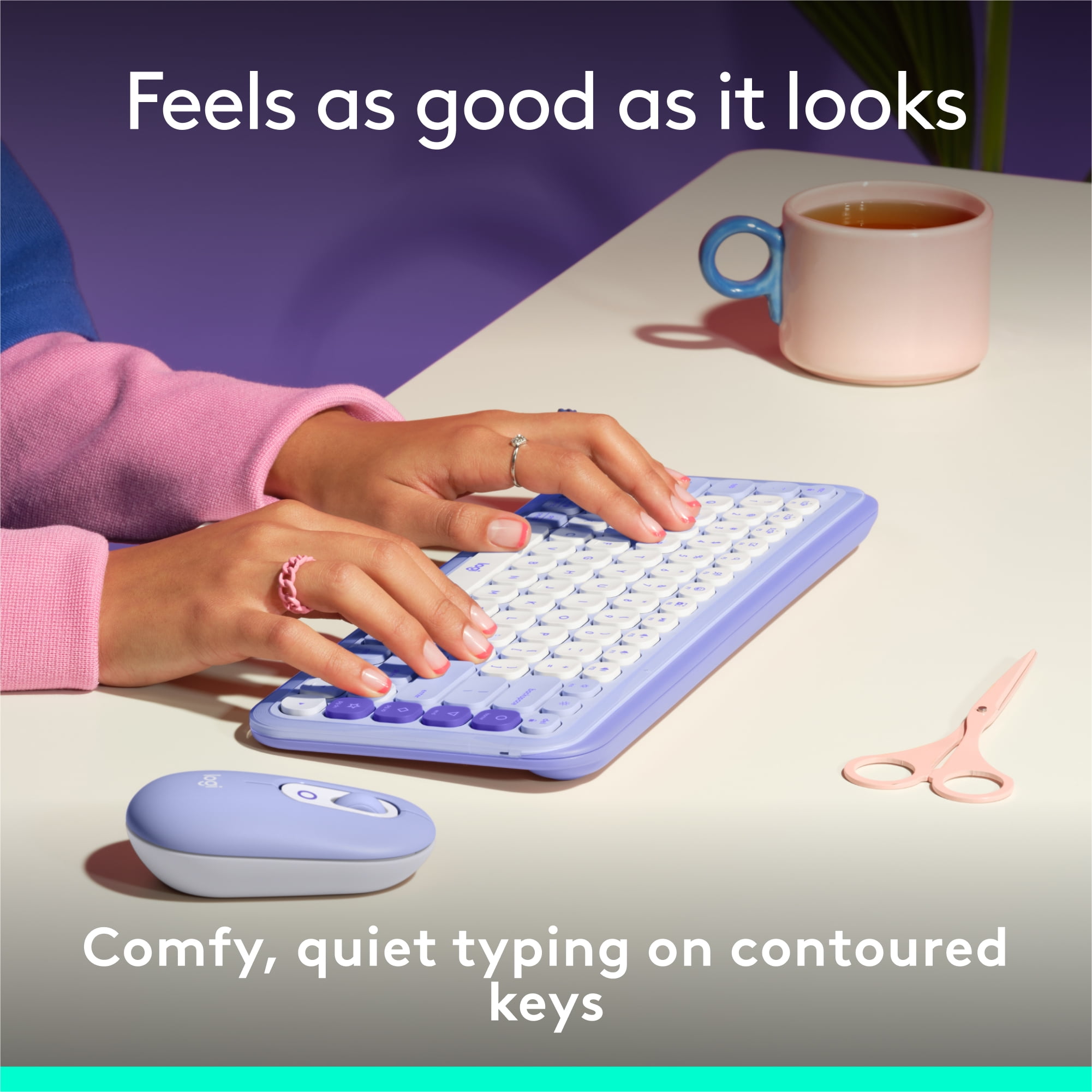 Logitech POP ICON KEYS Wireless Bluetooth Keyboard, Comfortable Typing, Programmable Keys, Lilac and Off-White