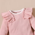 thumbnail image 6 of Scyoekwg Newborn Baby Girl Clothes Fall Winter Outfit Casual Round Neck Ruffle Long Sleeve Ribbed Romper Long Pants Solid Color 2PC Set (Pink,0 Months), 6 of 7