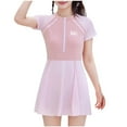 thumbnail image 2 of LEKWK Girls One Piece Swimsuits Skirted Color Block Quick Dry Cute Swim Dress Short Sleeve Zipper Rash Guard Bathing Suit Summer Beachwearr for 7-14 Years, 2 of 7