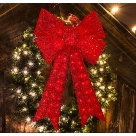 Christmas Glitter Red Bow,Lighted Large Christmas Bows Wreath Decoration Christmas Tree Topper Decorative Bow for Indoor Outdoor Christmas Parties Decorations (40IN 99LED) (LX2963)