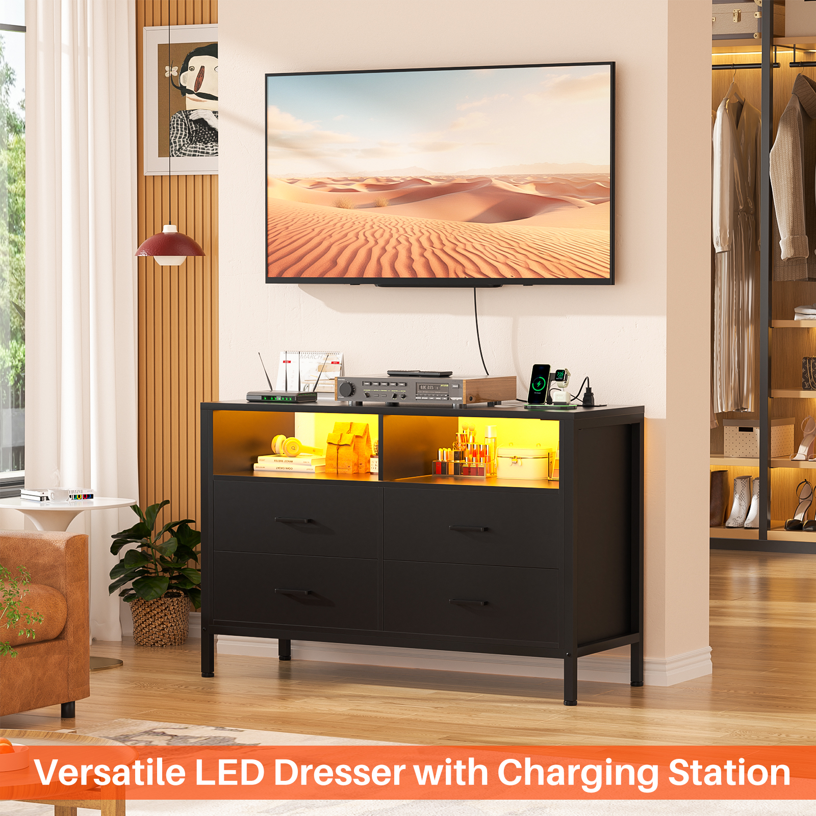 Homieasy Dresser for Bedroom, 4 Drawer Dresser with LED Lights and Charging Station, Wood Dresser, Wide Chest of Drawer Storage Organizer, Dresser TV Stand for Living Room, Closet, Entryway, Black