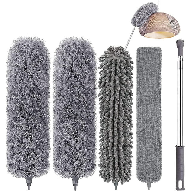 ORUYROP Microfiber Dusters for Cleaning-5 in 1 Feather Duster Washable Extendable Duster for Cleaning with Stainless Steel Extension Pole, Bendable Dusters Cleaning Kit for Ceiling Fan/Furnit
