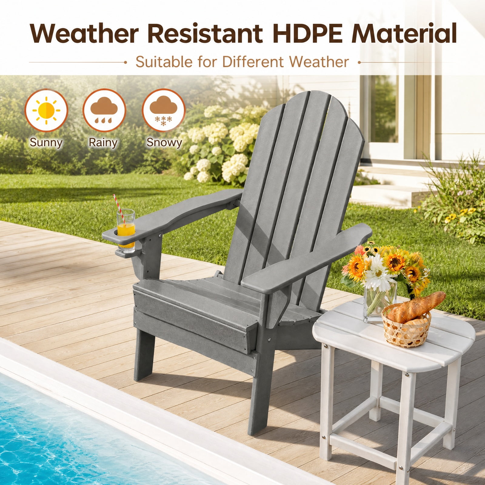 Furnibear Foldable Weather Resistant Adirondack Chair with Built-In Cup Holder Wide Armrests and Ergonomic Seat for Patio Deck and Garden, Gray