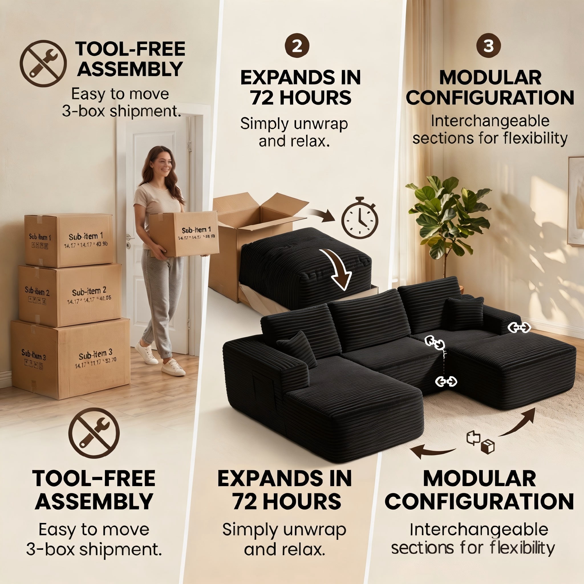 104" Premium Corduroy Sectional Sofa with Reversible Chaise, U-Shape Modular Couch with Deep Seating, Pocket Spring Cushions, Side Pockets, Tool-Free Assembly for Living Room, Right Facing (Black)