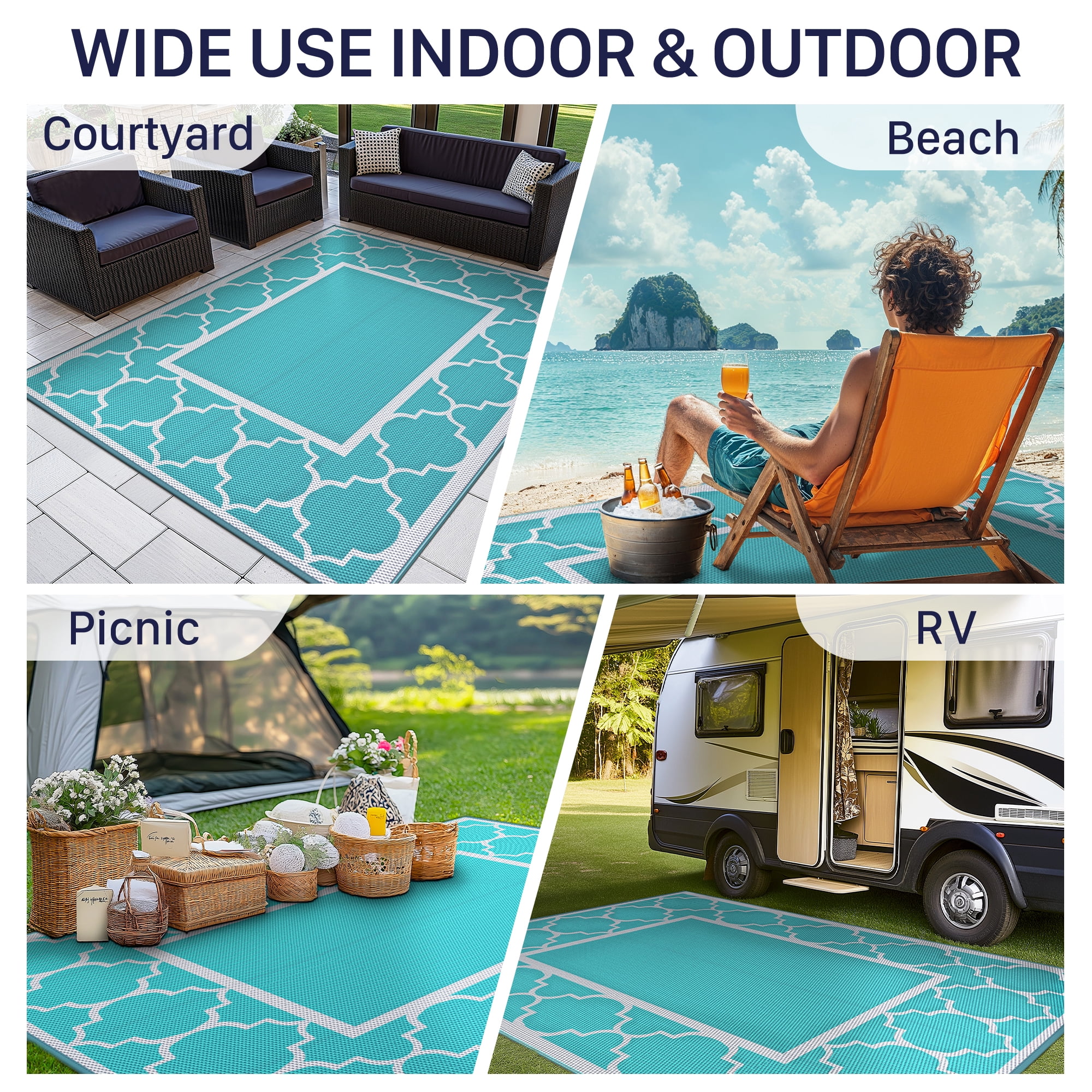 DEORAB Outdoor Rugs Waterproof Plastic Straw Mat 6'x9' Reversible for RV Patio Deck Beach Aqua Blue & White