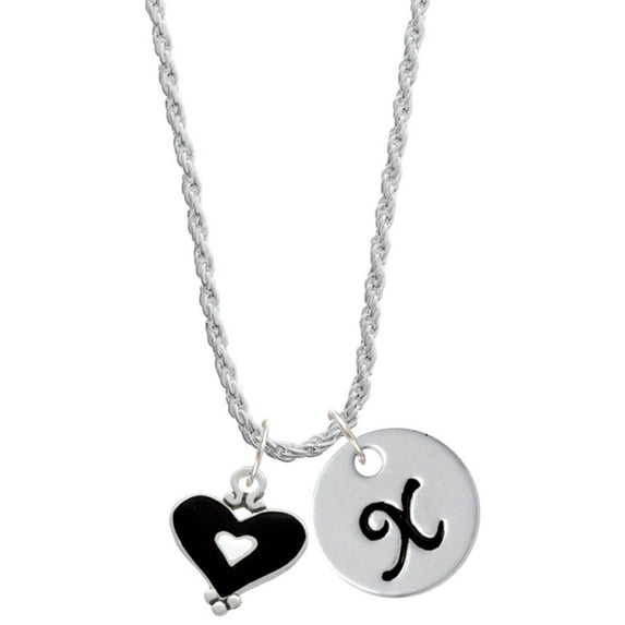 Delight Jewelry Silvertone Black and White Enamel Heart Silvertone Script Initial Disc - X - Charm Necklace, 20"+3"