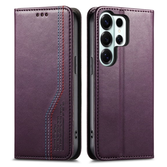 For Samsung Galaxy S26 Ultra Phone Case,Three-color Thread Design,Anti-Scratch PU Leather Flip Folding Kickstand,With Card Slots,Folio Magnetic Closure,Shockproof Drop protection Phone Case,Purple