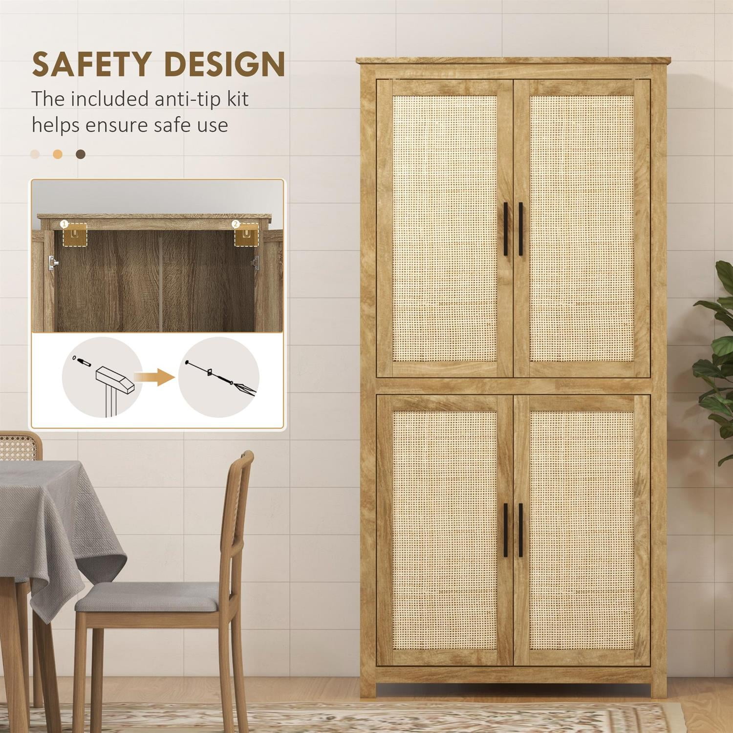 Demi Bonn 64" Tall Kitchen Storage Cabinet with Rattan Doors, Adjustable Shelves, Storage Space Maximize for Home & Kitchen, Brown