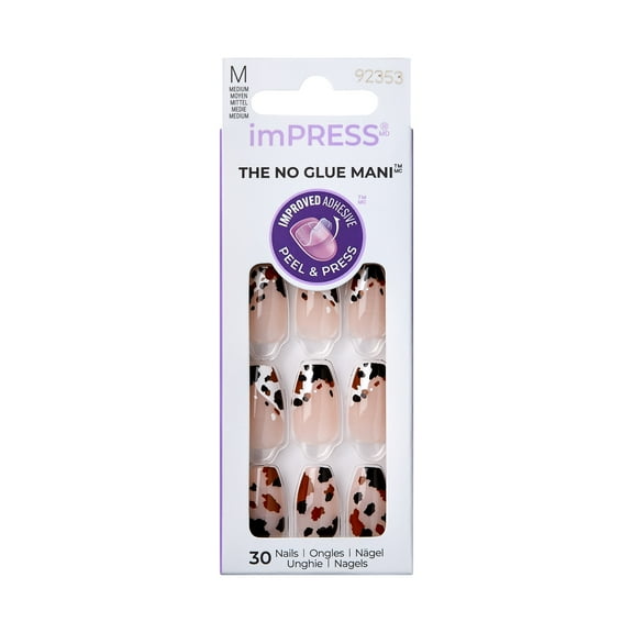 KISS imPRESS No Glue Needed Press On Nails, Design, Get Ready, Brown, Medium Coffin, 30 Count