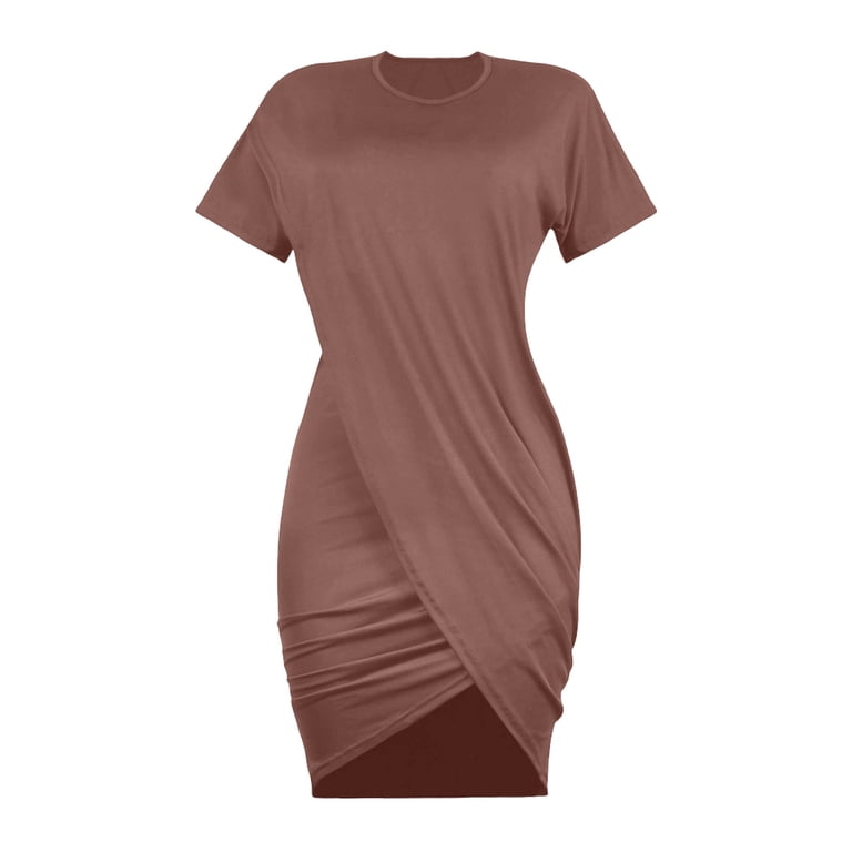 brown bodycon dress short sleeve Lovzfmll Short Sleeve Solid Waist-Cinched Round Neck Bodycon Mini Dress for Women Relaxed Fit Crew Neck Coffee, M, Women's, Size: Medium, Brown