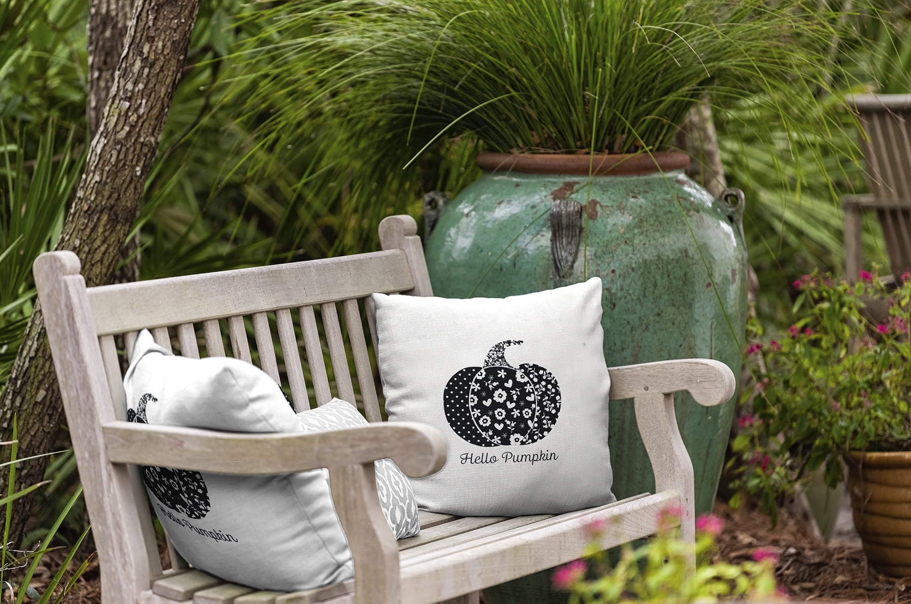 20" x 20" Simply Daisy Hello Pumpkin Polyester Indoor/Outdoor Pillow, Black Qty 1