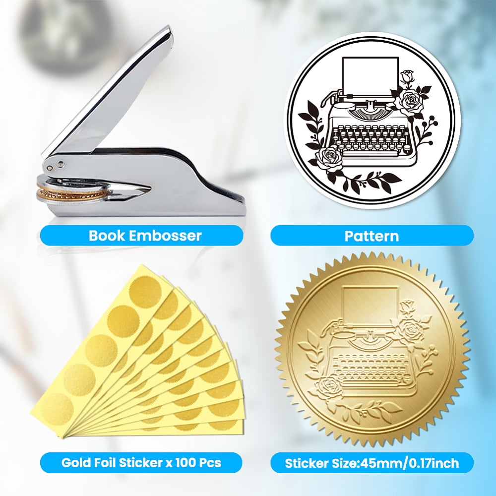 Stainless Steel Seal Embosser Hand-Held Embossing Stamp for Books Envelopes Napkins Golden Typewriter 42mm