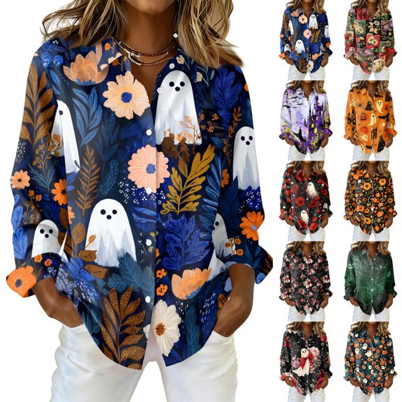 Halloween Shirts for Women Button Down Collared Funny Pumpkin Ghost Womens T Shirts Fall Clothes Long Sleeve Holiday Outfits Tops Blue XXXL