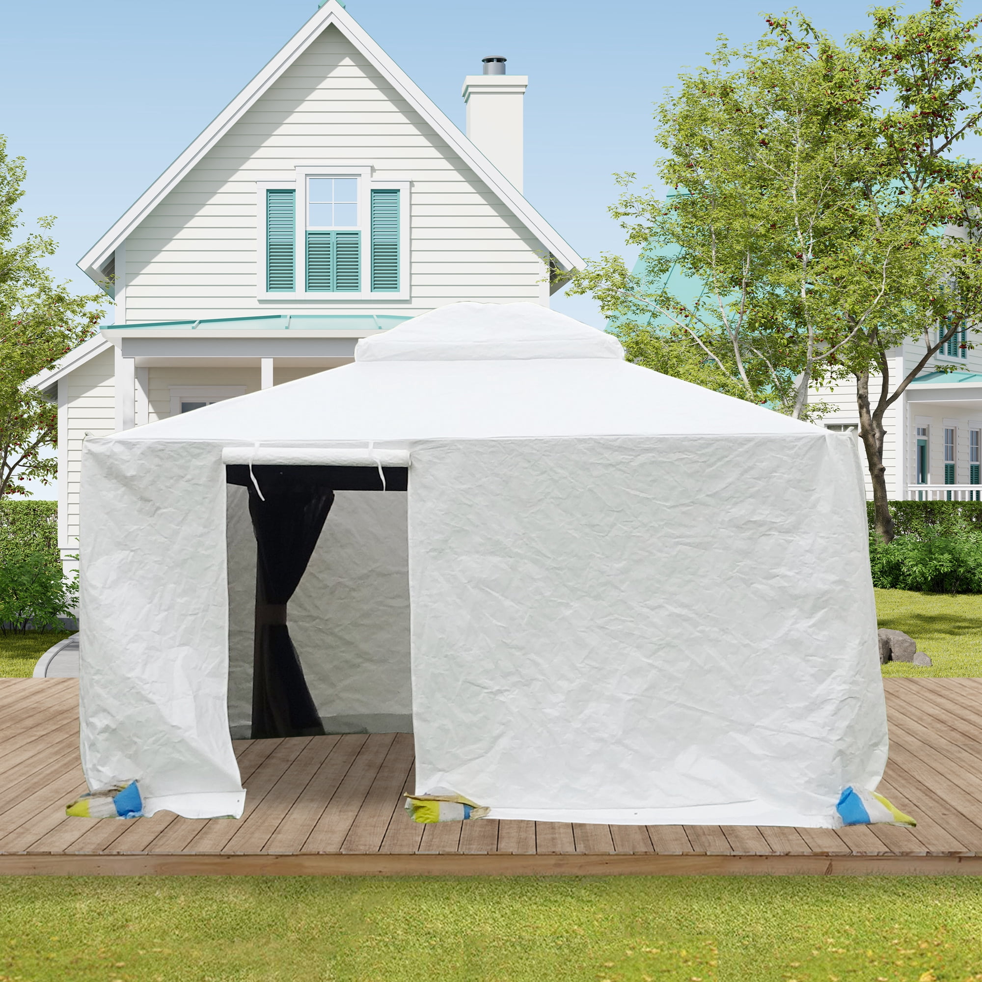 Gazebo Accessories 8' x 8' Double Roof Universal Winter Gazebo Cover for Hardtop Gazebos,Enclosed Cover with Sidewalls and Mesh Windows Waterproof (White)