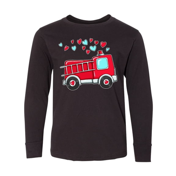 Inktastic Valentine Fire Truck with Hearts Long Sleeve Youth T-Shirt