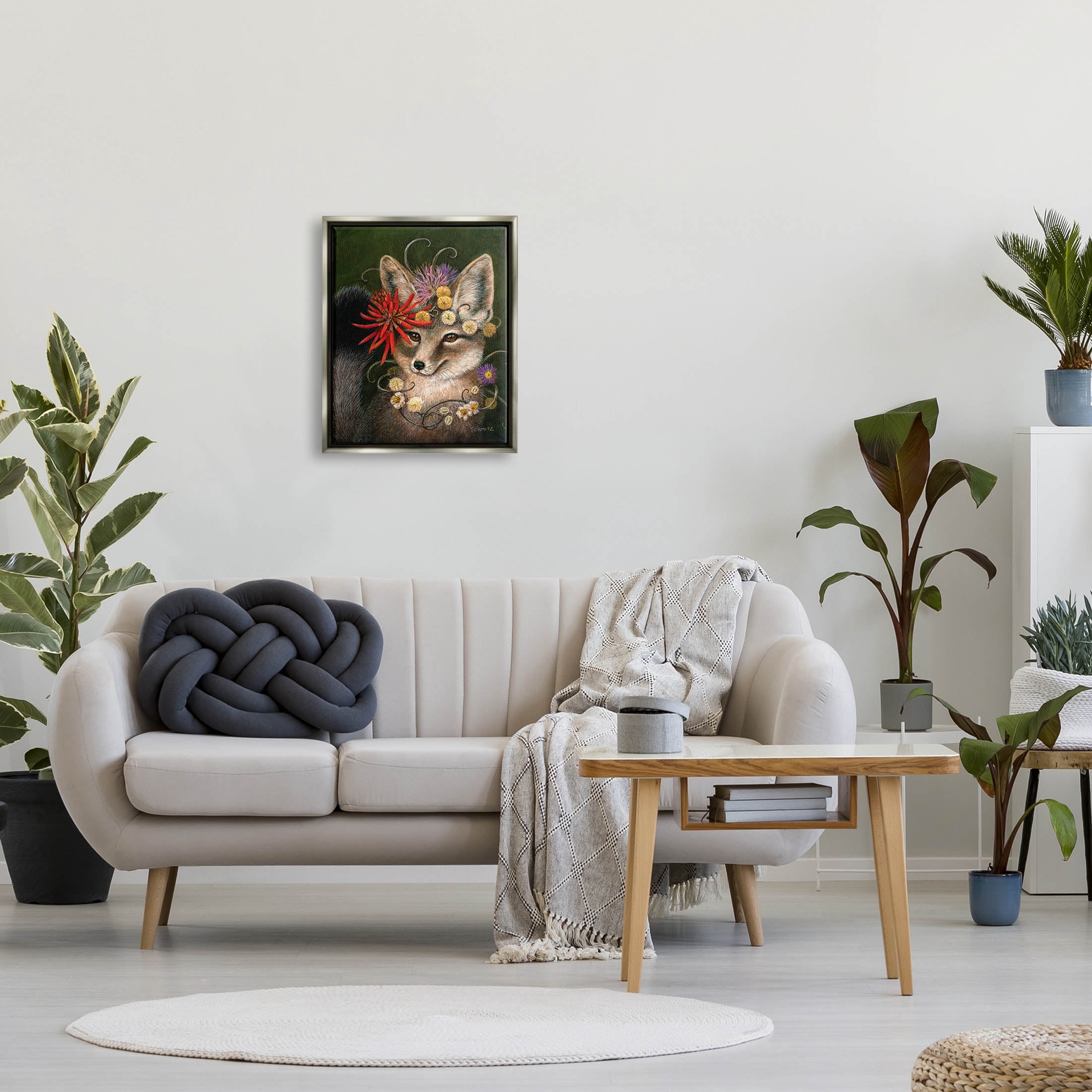 Stupell Industries Botanical Fox Flowers Painting Luster Gray Floating Framed Canvas Print Wall Art, Design by Carolyn Schmitz