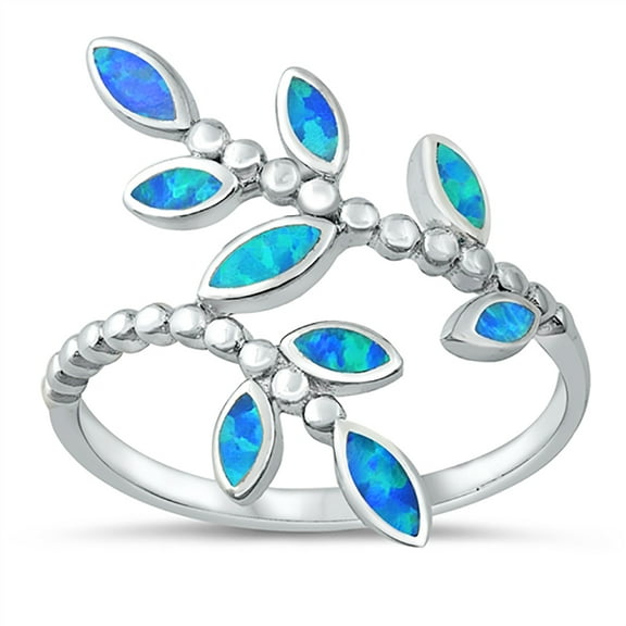 Blue Simulated Opal Beaded Leaves Ring Sterling Silver Size 8