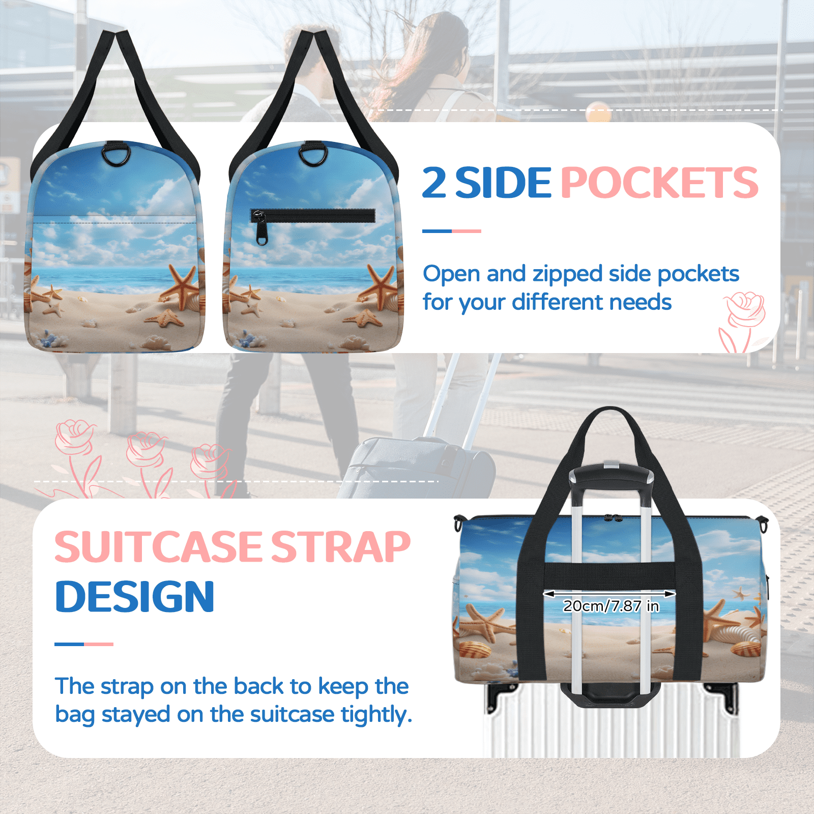 Herdesigns Ocean Beach Seashell Starfish Gym Bag for Women, Duffle Bag for Travel Sport, Nautical Coastal Lightweight Waterproof Carry on Weekender Dance Yoga Workout Bags