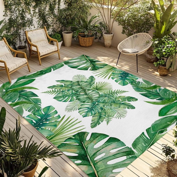 Monstera Leaves Outdoor Rug for Patio/Deck/Porch, Non-Slip Large Area Rug 6 x 9 Ft, Summer Tropical Palm Leaf Botanical Green Indoor Outdoor Rugs Washable Area Rugs, Camping Rug Carpet Runner