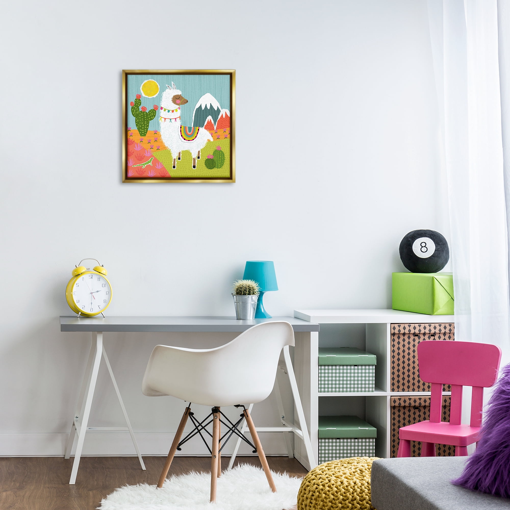 Stupell Industries Whimsical Llama Scene Animals Painting Gold Floater Framed Canvas Art Print Wall Art, 18 x 18