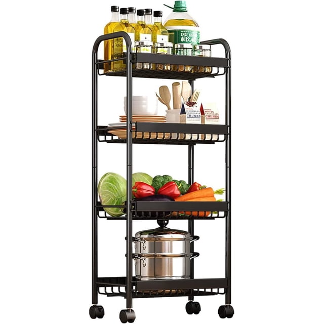 de Almacenamiento de Metal, Organizador de 4 Niveles, Carrito Auxiliar con Ruedas, Hogar Carrito de Servicio Multifunción ,para Baño, Cocina,Oficina