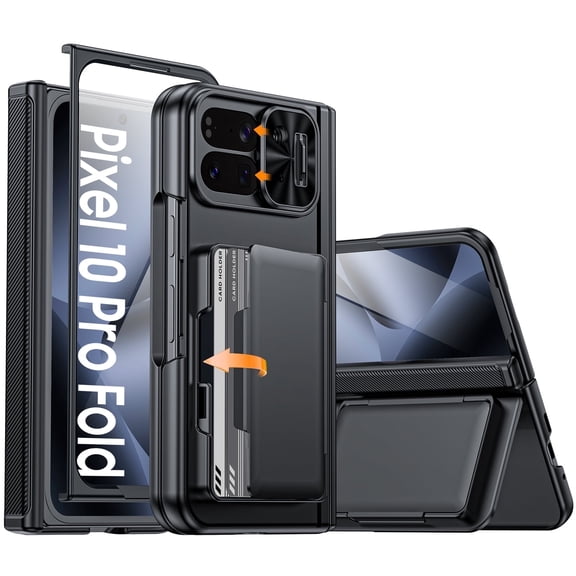 Vizvera for Google Pixel 10 Pro Fold With Card Holder[RFID Blocking]Camera Cover,Hinge Protection,Hidden Kickstand,Screen Protecto Phone Case-Black