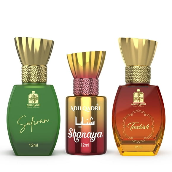 Adilqadri Safwan + Shanaya + Taabish Roll On Attar Combo For Men & Women Pack Of 3 X 12ml - 0.4 Fl.oz. Each | Non Alcoholic Unisex Attar - With Raspberry, Agarwood & Amber Notes | Skin Friendly