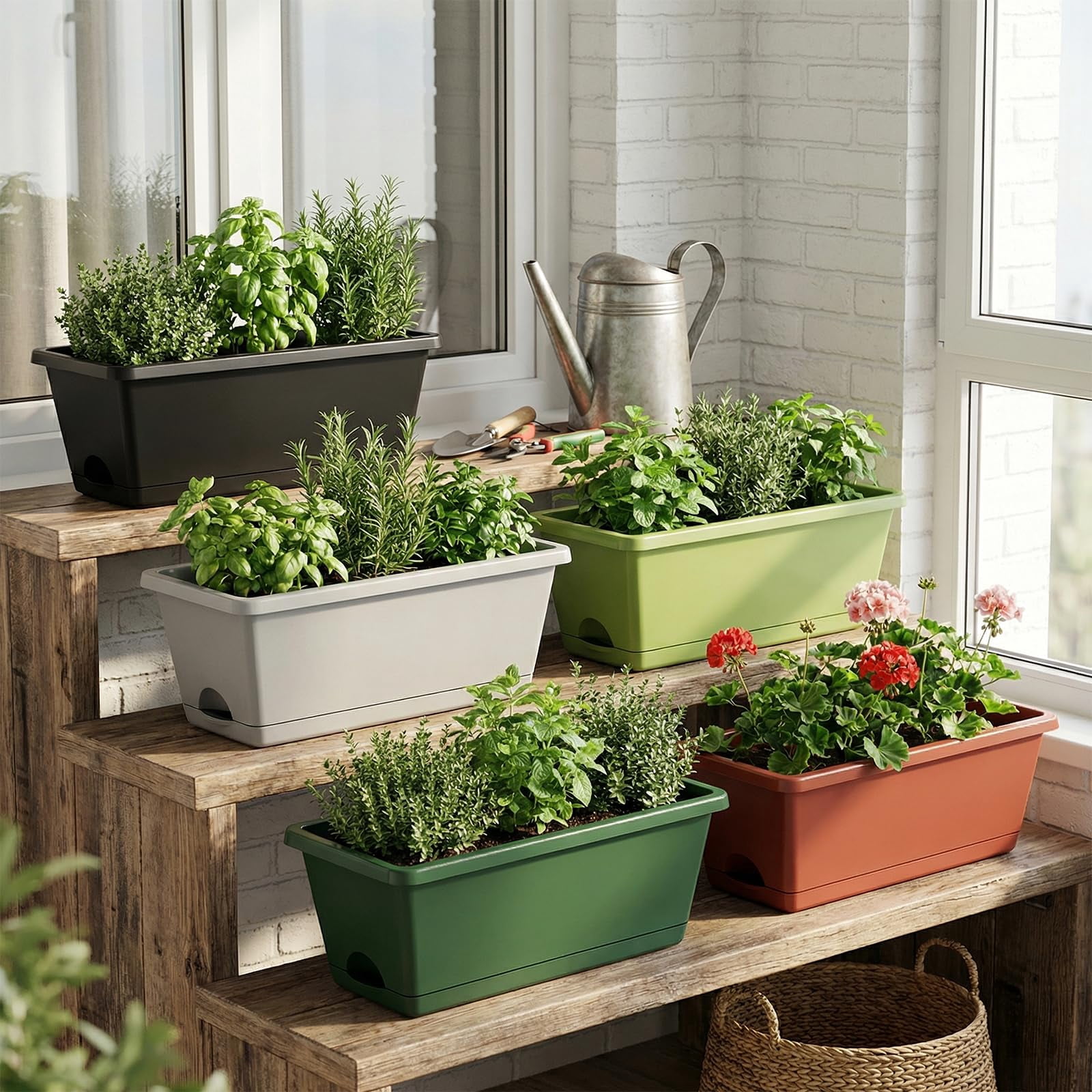 Window Boxes Black 7 Pack Plastic Rectangular Planters for Indoor/Outdoor Plants