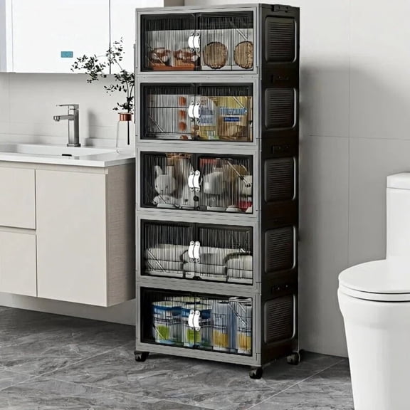 5Tier/200Qt，Stackable Storage Bins with Lid, Plastic Closet Organizers and Storage Drawer, Collapsible Storage Box with Wheels, Folding Storage Cabinet for Closet Clothes Organization, 5Pack