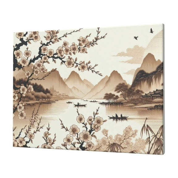 Wall Art Sakura And Tranquil Lake In Beige Tones Picture Canvas Wall Art Print Paintings Modern Artwork For Living Room Wall Decor And Home Décor Framed Ready To Hang-12×16 In