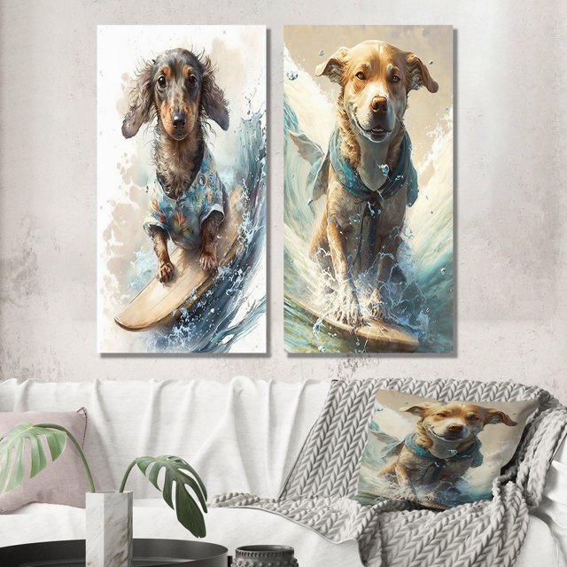 Designart "Dog Riding the Waves Like a Pro I" Dog Wall Art Set Of 2 - Brown Animals Gallery Set For Office Decor