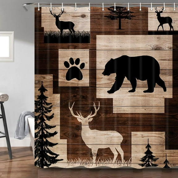 Rustic Cabin Shower Curtain for Bathroom, Bear Deer Forest Wildlife Country Lodge Bath Curtains, Hunting Camping Animal Waterproof Fabric Bathroom Accessories Set, 72x84 inch with Hooks