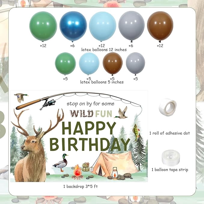 Hunting Fishing Birthday Decorations Boy, Fishing Theme Birthday Party Decorations, Green Blue Brown Balloon Arch with Wild Backdrop Deer Fish Outdoor Adventure Camping Background